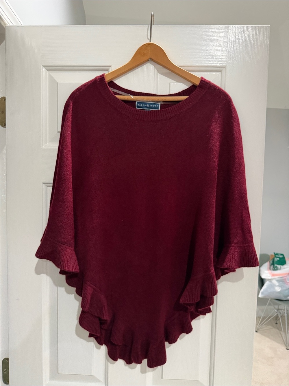 Karen Scott Wine Red Ruffle-Hem Poncho Sweater